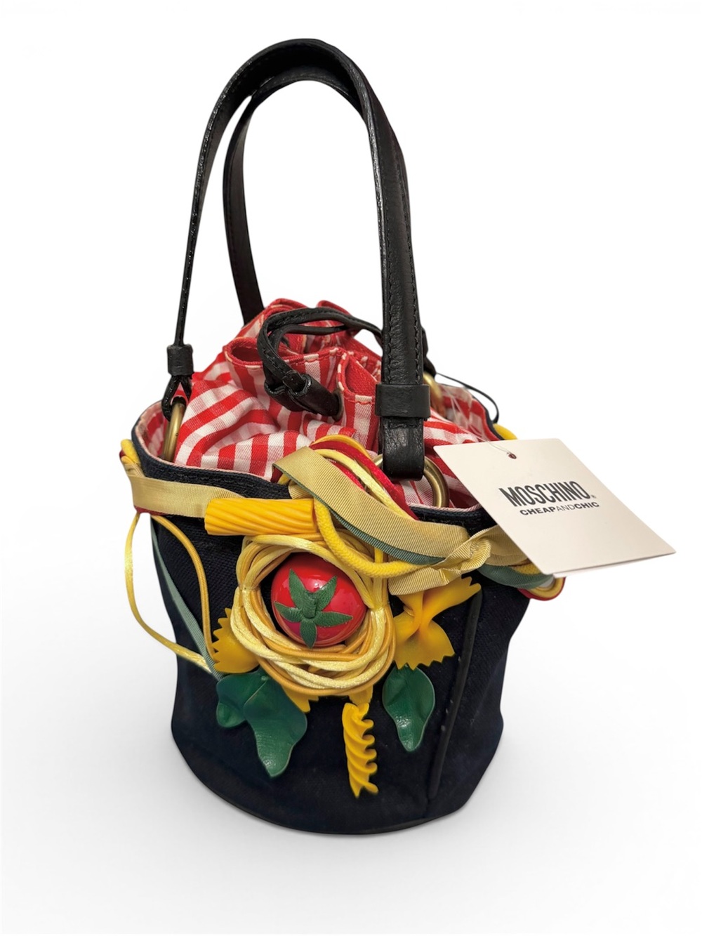 Moschino Vintage Pasta Tomato Appliqué Italian Bucket Bag